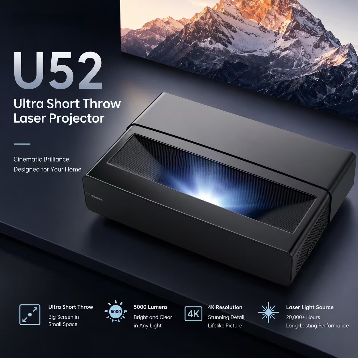 Home Cinema Ultra Short Throw Projector - Projektor DLP U52 4K, 5300 lumenów,